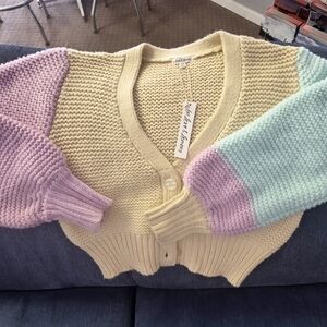 For Love & Lemons Pastel Colorblock Knit Cardigan - Yellow, Mint & Lilac